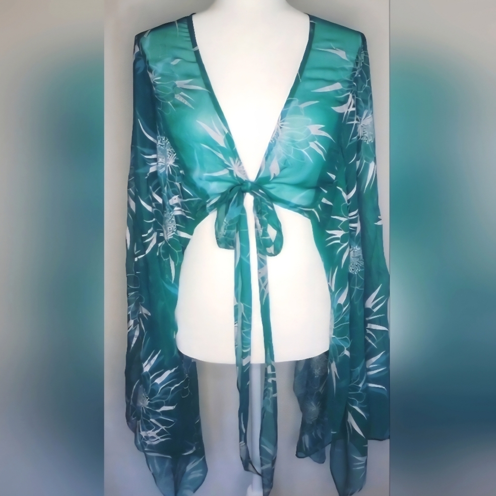 Marciano Silk Chiffon Shrug w Dramatic Xtra Long Bell Sleeves & Front Tie Y2K